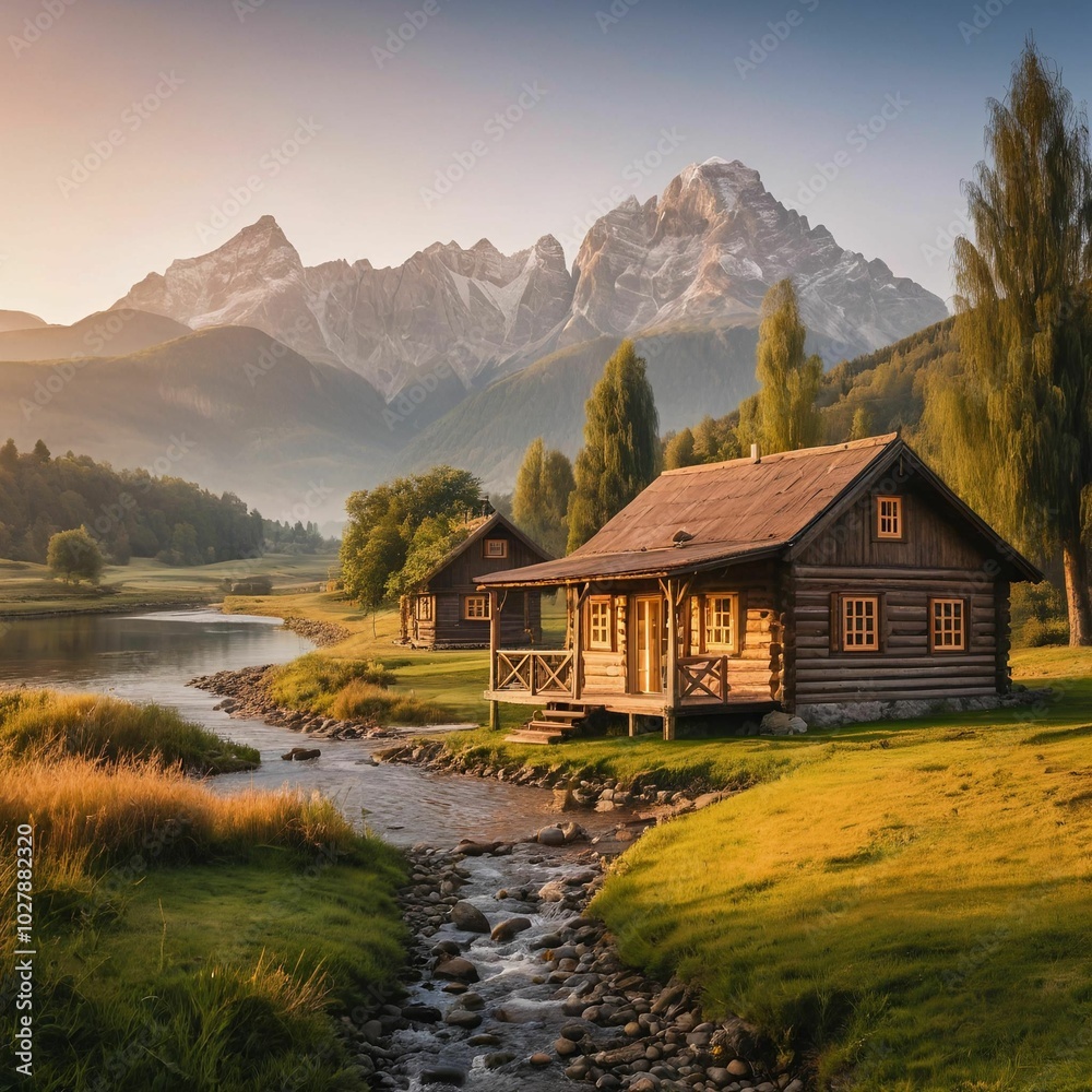 Rustic Countryside House at Dawn with Mountains in the Background Rustic Countryside House at Dawn with Mountains in the Background