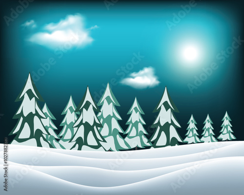 Vector wintry landscape with night sky and light moon