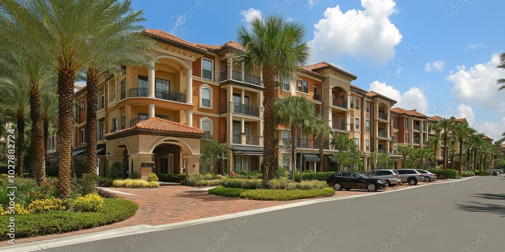 This image captures a beautiful, modern apartment complex with Mediterranean-style architecture, featuring lush landscaping and palm trees, on a sunny day This image captures a beautiful, modern apartment complex with Mediterranean-style architecture, featuring lush landscaping and palm trees, on a sunny day