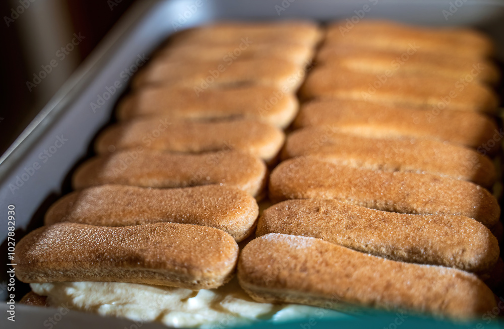 Delicious Tiramisu Dessert with Ladyfingers in Baking Pan