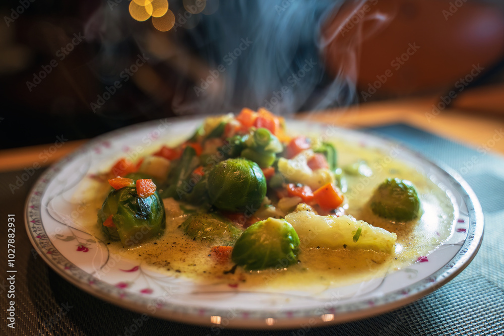 A close-up of vibrant mixed vegetables including carrots, green beans, and Brussels sprouts in a rich, creamy sauce, served artistically on a porcelain plate. Perfect healthy polish soup smoking hot