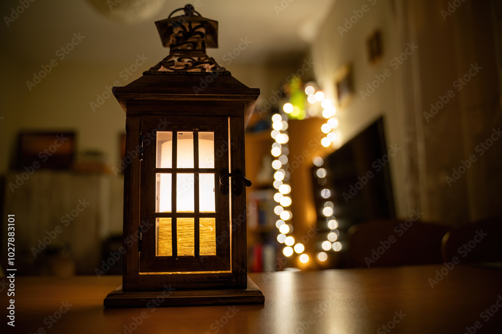 Cozy Lantern Illuminating a Room with Warm Bokeh Lights