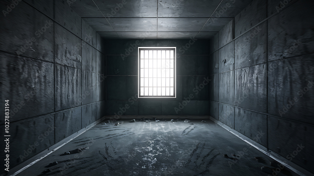Dark grey concrete prison cell solitary confinement despair hopelessness.
Dark grey concrete prison cell solitary confinement despair hopelessness.