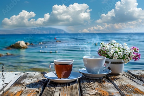 Two cups of coffee on the table on the background of the sea