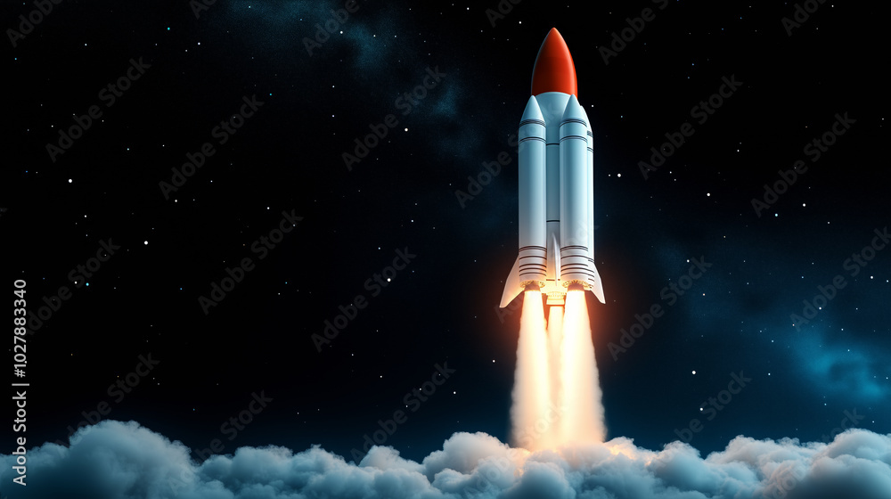 Obraz premium Rocket launching into the night sky, ascending through clouds with bright flames at the base