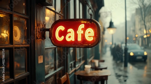 A cozy street-side cafe glows warmly through a vintage illuminated sign on a rainy evening, inviting passersby to step in from the weather