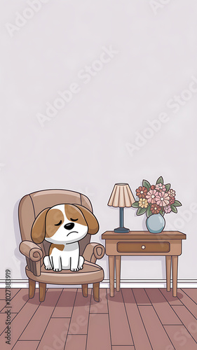 Cute brown and white dog sitting in a chair, sadly looking down, with a lamp and flowers on a table, perfect for a pet-themed design. 
 photo