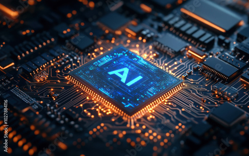 3D render AI artificial intelligence technology CPU central processor unit chipset on the printed circuit board for electronic and technology concept select focus shallow depth of field 