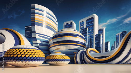 Futuristic city skyline with blue and yellow buildings, a concept of modern architecture and urban design. 
