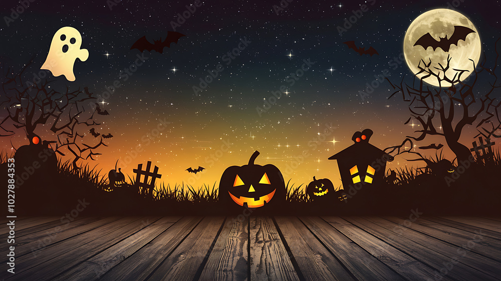 Fototapeta premium Spooky Halloween night scene with orange pumpkins and a dark silhouette of a house, perfect for spooky holiday designs. 