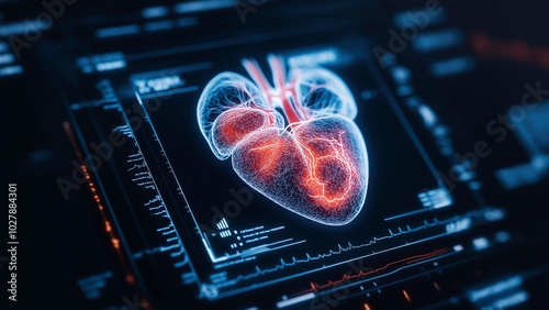 3D heart X-ray on virtual futuristic digital screen, healthcare medical technology and innovations to diagnose and treatment cardiovascular system disease.