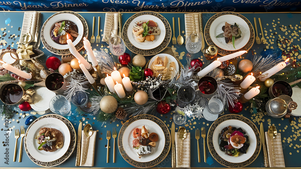 Elegant New Year's Eve dinner table setting, gold and blue, festive and luxurious. 
