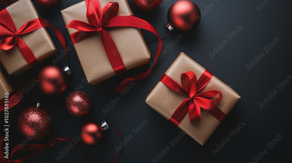 Christmas gifts with red bows and ornaments on dark background. Ideal for Christmas and New Year greetings and festive designs. Christmas gifts with red bows and ornaments on dark background. Ideal for Christmas and New Year greetings and festive designs.