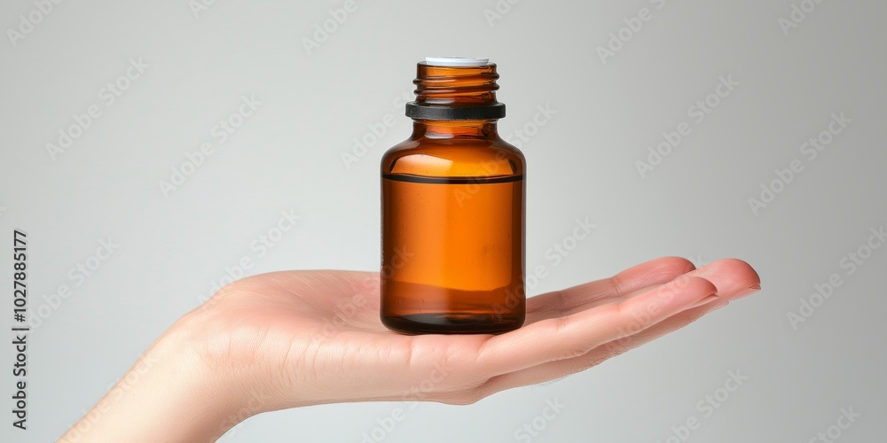 Close-up of a hand holding an amber cough syrup bottle against a minimalistic white background Close-up of a hand holding an amber cough syrup bottle against a minimalistic white background