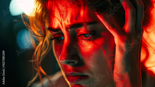 Woman with red hair and a sad expression. She is looking down at her hands. The image has a mood of sadness and despair