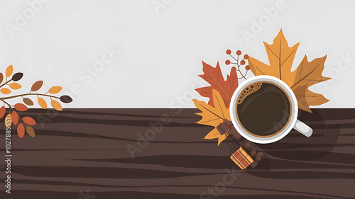 Autumnal coffee on wood with orange and brown leaves, a cozy fall beverage concept. 
