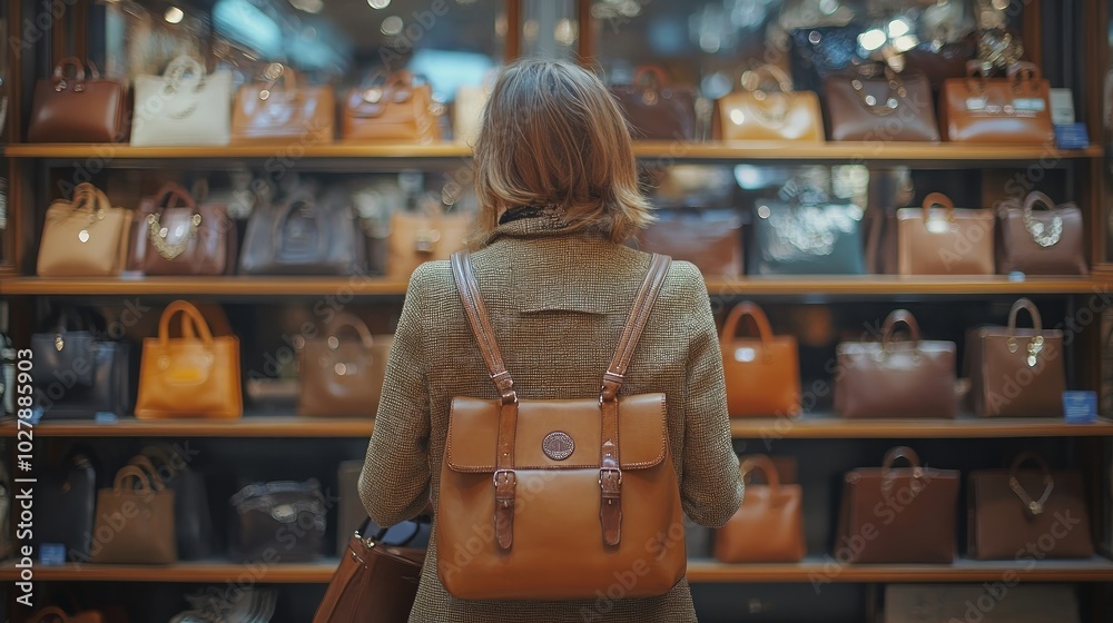 Fototapeta premium A woman admires a display of various leather bags in a store.
