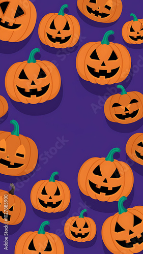 Orange pumpkins with purple background, Halloween festive pattern. 