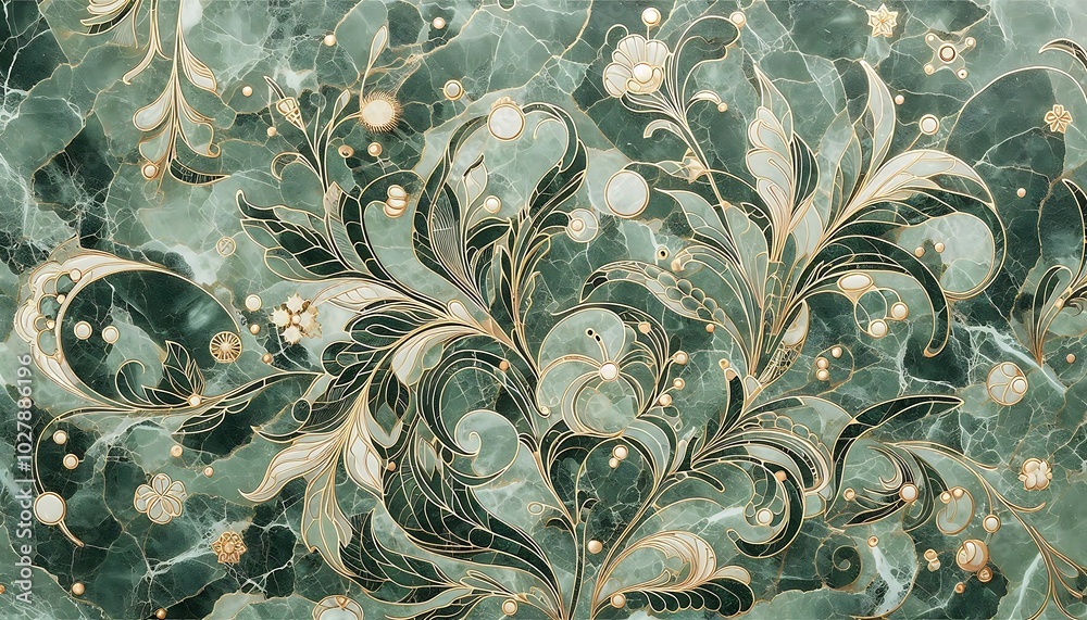 Fototapeta green marble texture background with plant pattern,generative ai