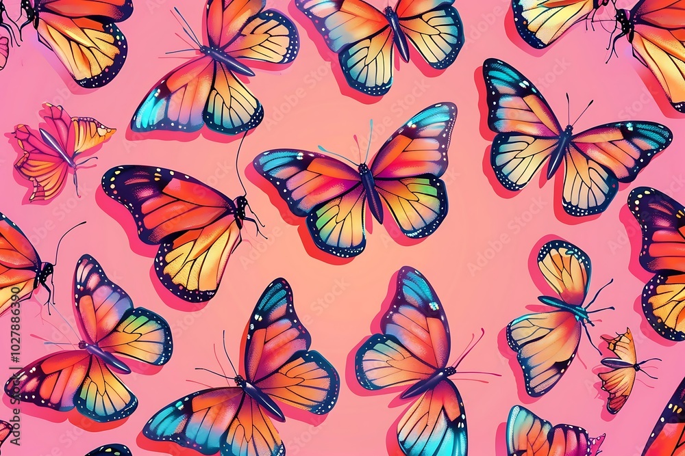 A group of butterflies on a pink background A group of butterflies on a pink background