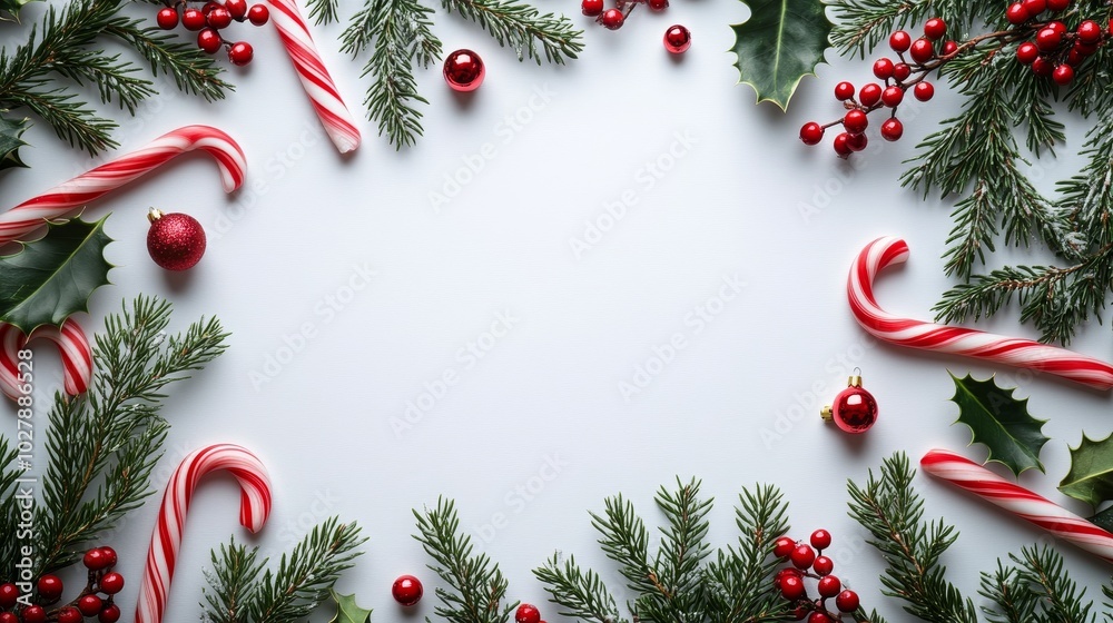 Festive Flat Lay with Candy Canes and Holly Leaves Festive Flat Lay with Candy Canes and Holly Leaves