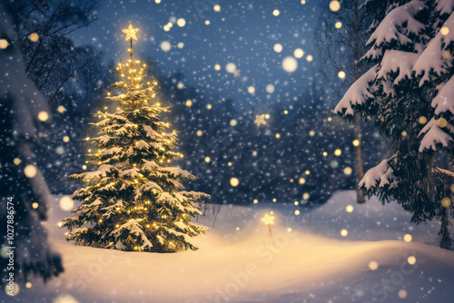 Magical Snowy Night Landscape with Glowing Christmas Tree and Cozy Cabin photo