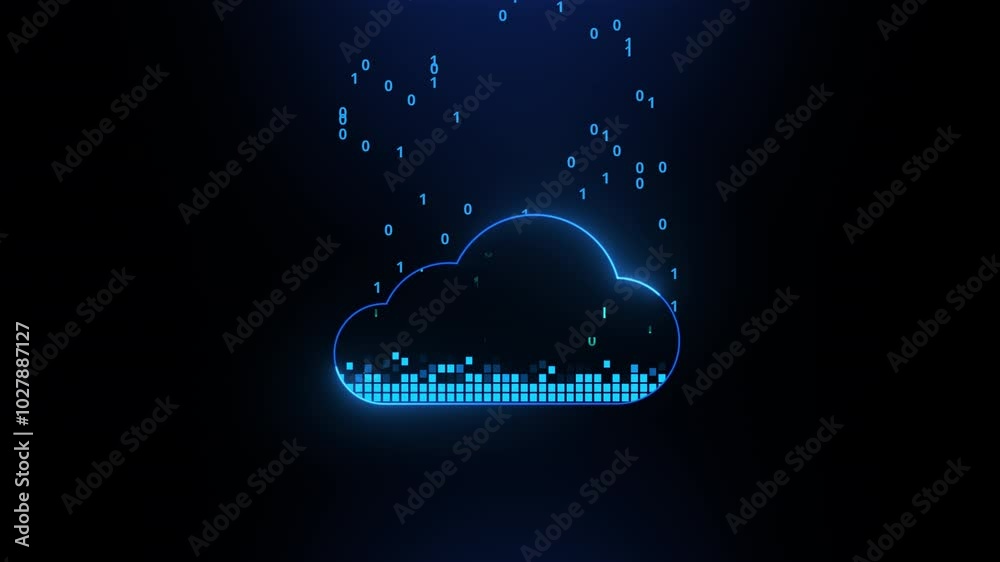 Cloud computing: data storage and transfer safety. Technology for secure storage and backup of digital information. Cyber cloud represented by binary code. Concept of a cloud database. Animated icon.