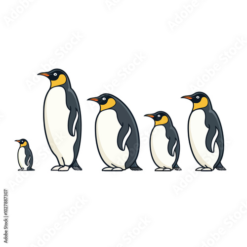 Penguins,minimalism,flat color,vector illustration,thick outlined,white background