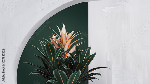 Minimalist green and white interior design with tropical plants. 
