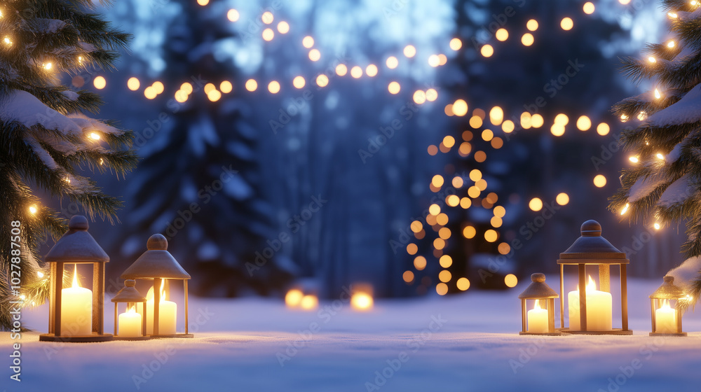 A tranquil winter scene set in a snowy forest, where trees are draped with snow and illuminated by soft string lights. Lanterns with candles are scattered throughout the scene, cre A tranquil winter scene set in a snowy forest, where trees are draped with snow and illuminated by soft string lights. Lanterns with candles are scattered throughout the scene, cre