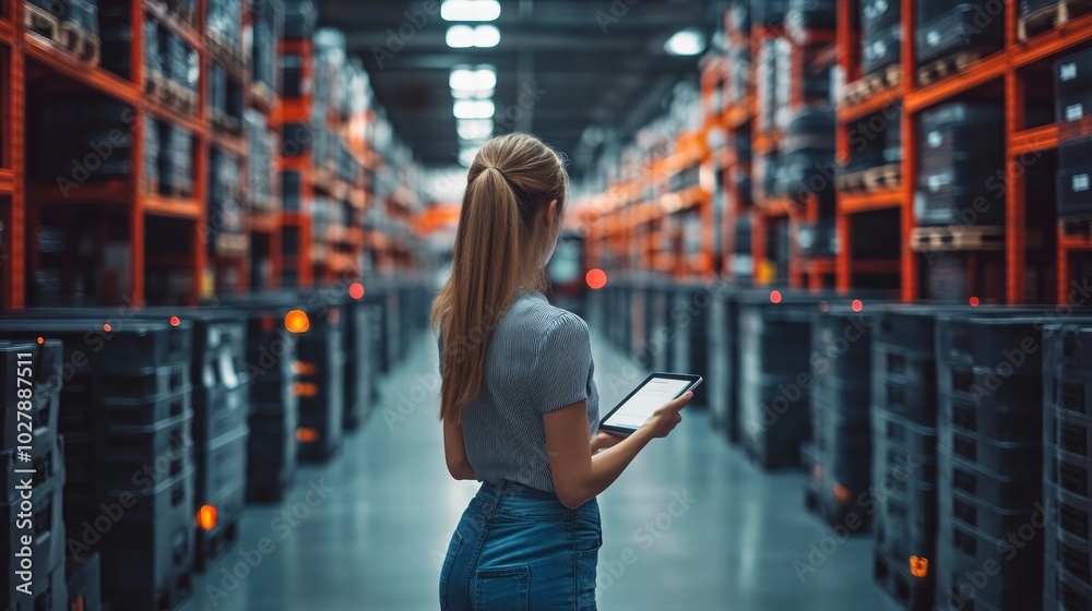 Fototapeta premium A woman holds a tablet while standing in a warehouse aisle filled with storage containers.