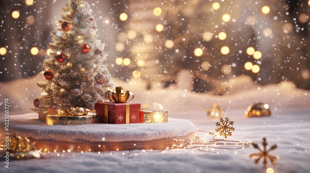 A snowy Christmas scene with a round platform for displaying objects. The scene includes a Christmas tree, a gift box, a golden snowflake, and sparkling lights. A snowy Christmas scene with a round platform for displaying objects. The scene includes a Christmas tree, a gift box, a golden snowflake, and sparkling lights.