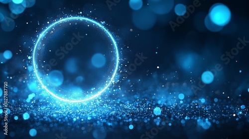 Glowing neon circle surrounded by blue sparkling particles on a dark background