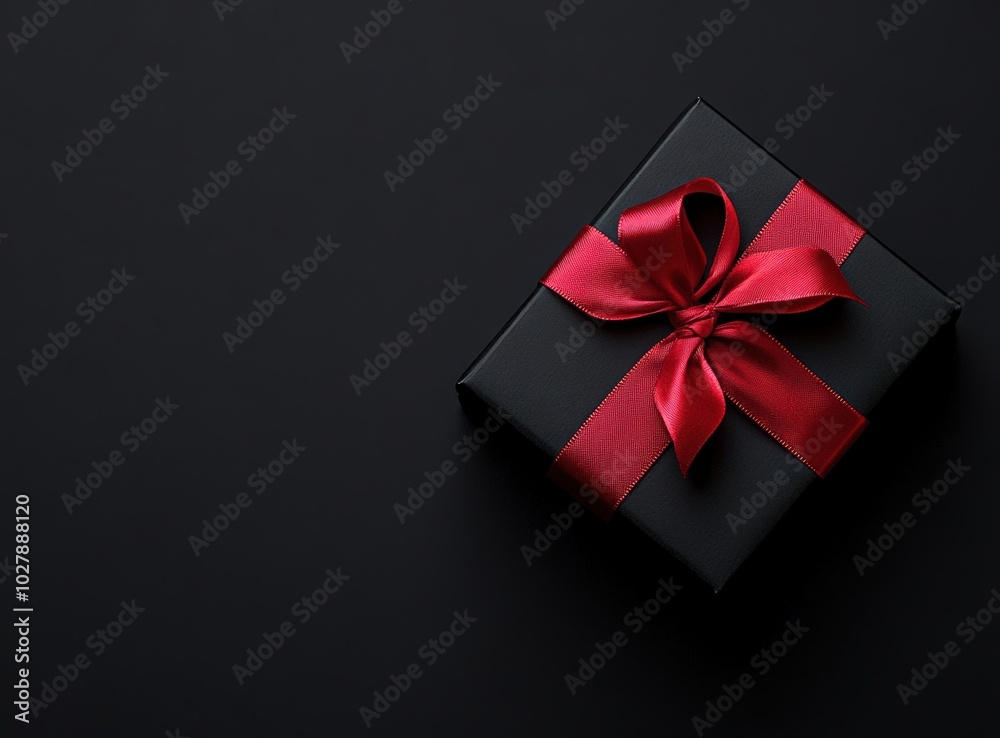 Black gift box with red ribbon on a red background, top view. Black Friday concept. Banner for product presentation or a sale event Black gift box with red ribbon on a red background, top view. Black Friday concept. Banner for product presentation or a sale event