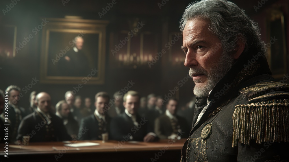 Intense Leader in Formal Attire Facing a Courtroom Audience - 19th Century Historical Drama Scene