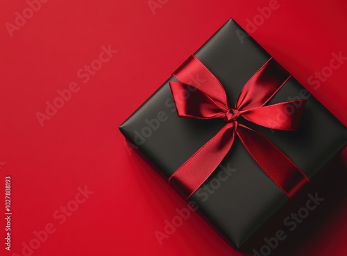 Black gift box with red ribbon on a red background, top view. Black Friday concept. Banner for product presentation or a sale event