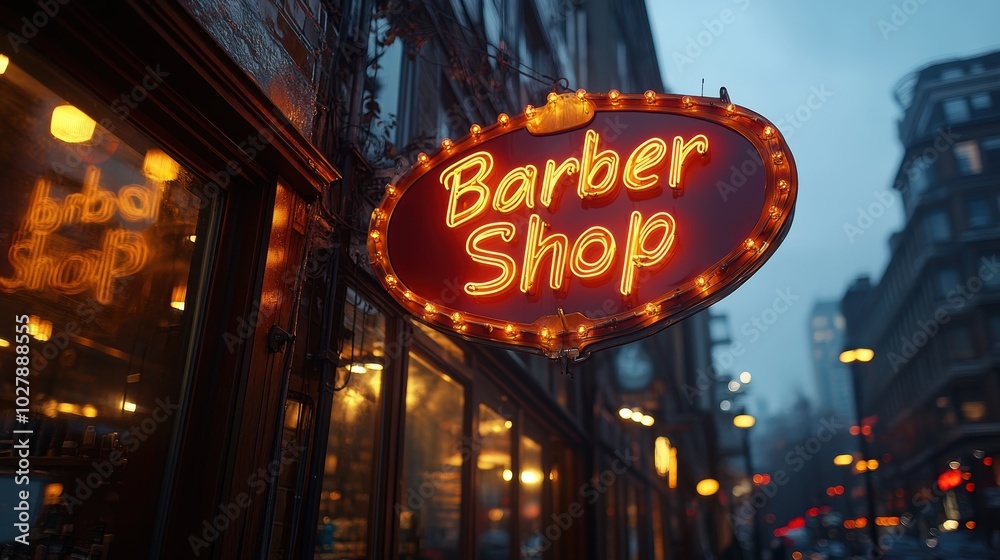 A vibrant, neon-lit barber shop sign illuminates a misty urban street as twilight descends, showcasing the vintage charm of modern city life A vibrant, neon-lit barber shop sign illuminates a misty urban street as twilight descends, showcasing the vintage charm of modern city life