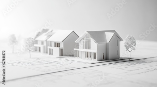 A row of white model houses on a blueprint, representing a new development or neighborhood.