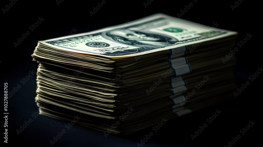 A stack of $100 bills, medium in size. A stack of $100 bills, medium in size.
