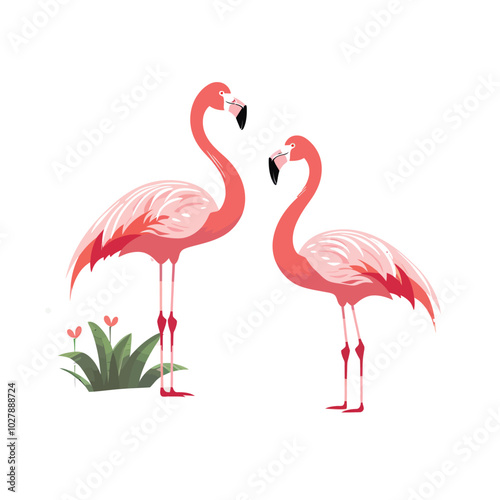 Flamingos,simple,minimalism,flat color,vector illustration,thick outlined,white background