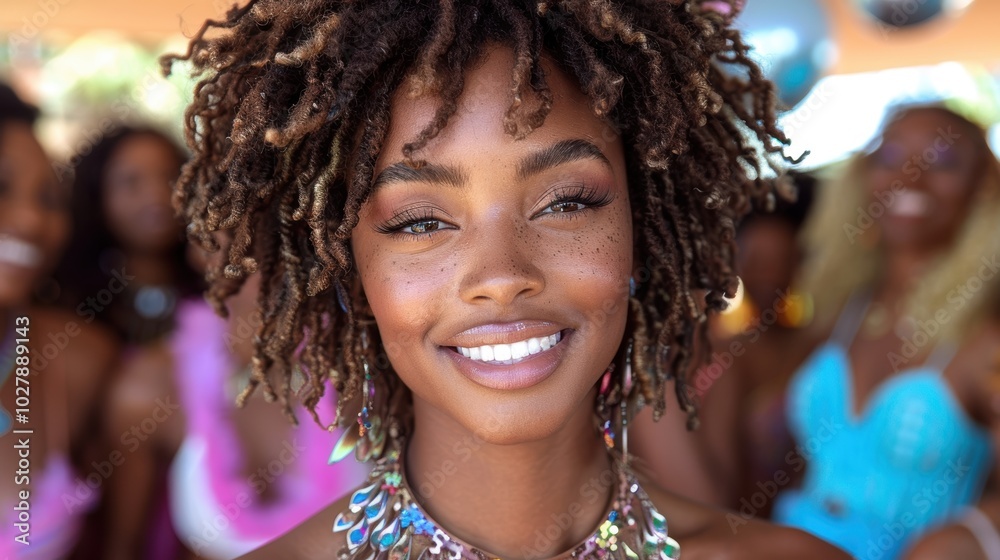 A joyful young woman with natural curly hair and radiant smile at a vibrant outdoor festival, showing happiness and adorned with colorful accessories, surrounded by other smiling individuals
