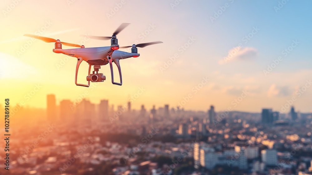 Aerial view of a drone soaring over a vibrant metropolis under clear blue skies and sunshine Aerial view of a drone soaring over a vibrant metropolis under clear blue skies and sunshine