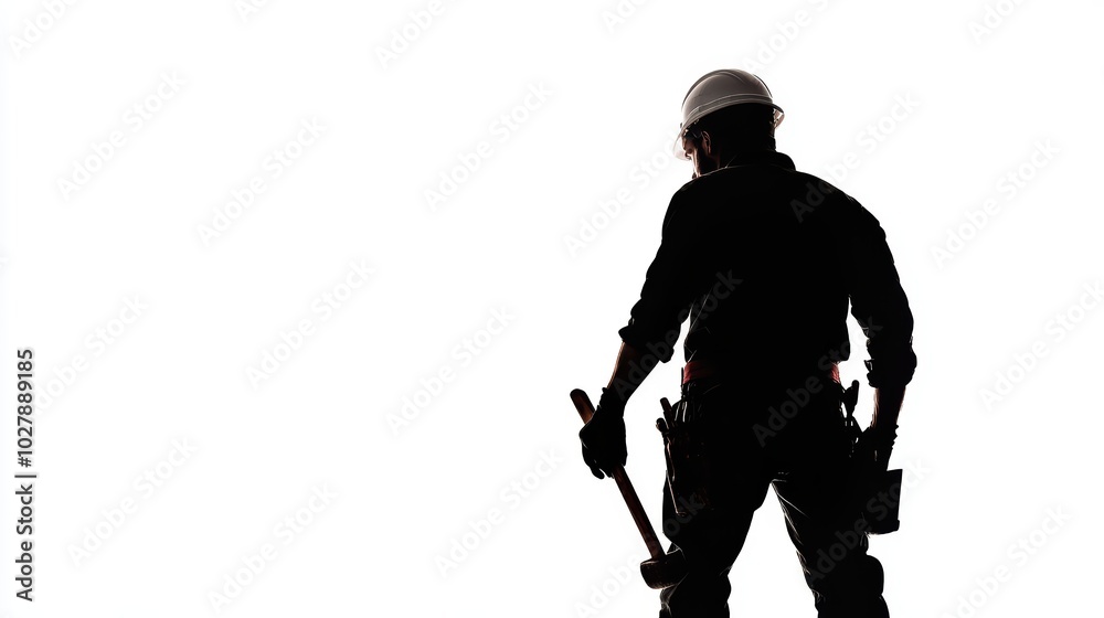 A minimalist silhouette of a construction worker wearing a hard hat, holding a hammer, with simple and bold lines on a white background A minimalist silhouette of a construction worker wearing a hard hat, holding a hammer, with simple and bold lines on a white background