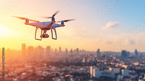 Aerial view of a drone soaring over a vibrant metropolis under clear blue skies and sunshine