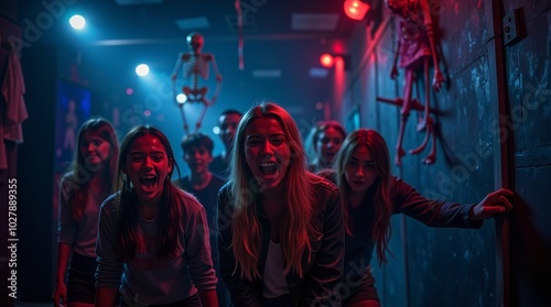 Tennaged girls screaming fright navigating haunted house maze with spooky skeleton props and eerie lighting, thrilling Halloween festive fun photo