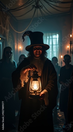 Victorian era haunted house tour guide in top hat holding lantern leads group through spooky cobweb covered hallway