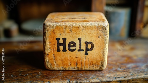 A weathered wooden block with the word Help painted in black text, suggesting a call for assistance or support, placed on a rustic wooden surface indoors