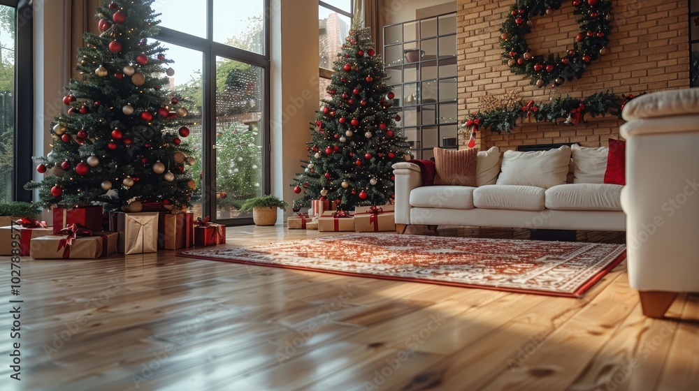 A beautifully decorated living room showcasing two Christmas trees adorned with ornaments and lights, surrounded by wrapped presents, perfectly capturing the holiday spirit in a cozy home