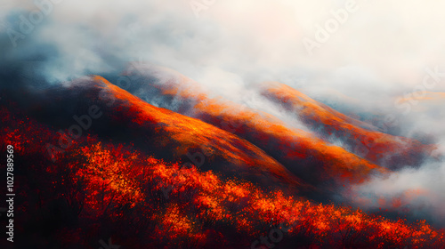 Vibrant autumn landscape with rolling hills and misty atmosphere during golden hour