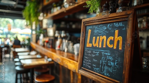 A cozy and inviting cafe interior with a wooden counter, chalkboard menu displaying Lunch, and lush green plants hanging from the ceiling, bathed in soft natural light